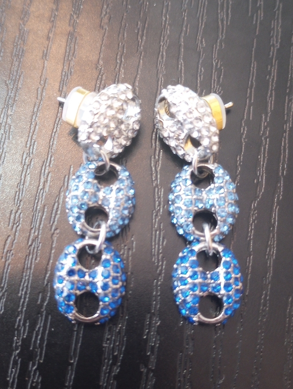 Blue Silver Rhinestone Drop Hoop-Link Earrings Hypoallergenic